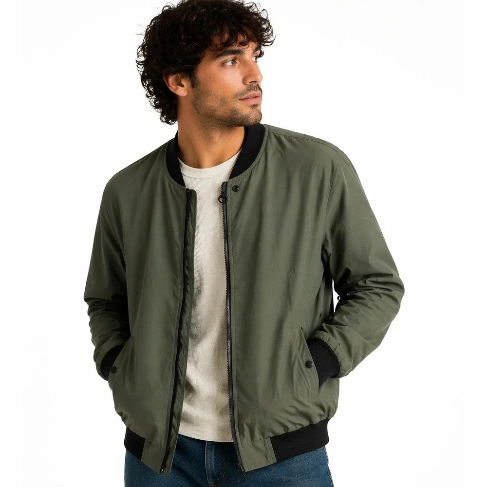 Mens Bomber Jacket Size M Olive Green Lightweight Full Zip Minimalist NWOT
